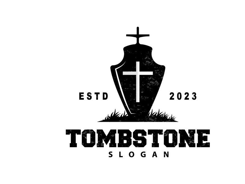 Tombstone Logo, Tomb Cemetery Cross, Vector Vintage Label, Retro Badge, Inspirational Design