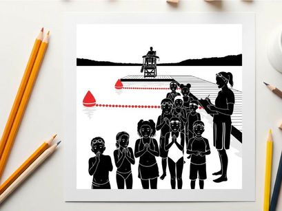 Silhouette of children and teacher near a body of water with a lighthouse silhouette