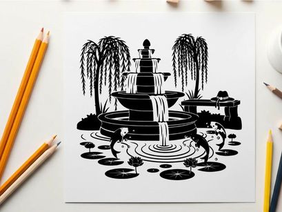 Silhouette of a serene fountain with koi fish and trees