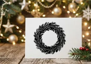 Black Christmas Wreath Illustration with Pine Branches and Cones on White Background