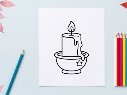 Hand-drawn Halloween candle in ceramic holder with melting wax. Spooky holiday flame illustration for festive decor and invitations.