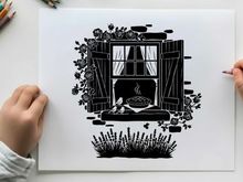 Silhouette of a cozy cottage window with flowers and a bird