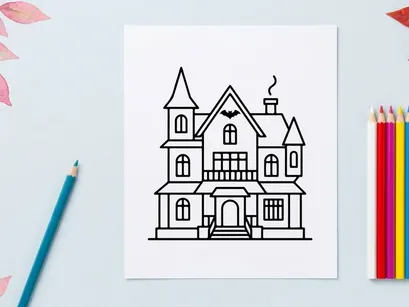 Ícono de arte lineal de casa encantada. Silueta de mansión espeluznante para diseño de Halloween.