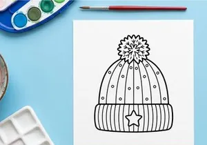 Topi beanie musim dingin dengan pom pom dan ikon bintang, ilustrasi seni garis hitam putih