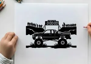 Truck silhouette racing on a track with a crowd and scoreboard