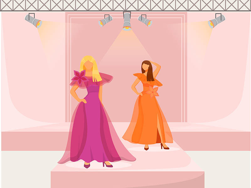 Fashion runway girls flat color vector illustration