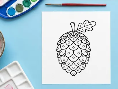 Pine cone line art drawing. Hand drawn botanical illustration of a conifer seed.