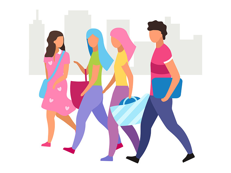 Group of people walking street flat vector illustration