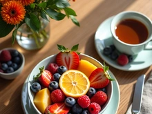 A bright and colorful breakfast scene.