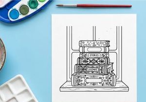Stack of vintage books on a windowsill, cozy Christmas holiday reading line art illustration.
