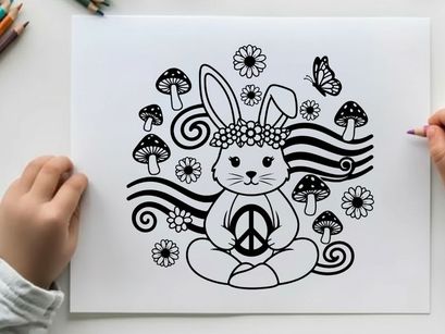Peaceful silhouette bunny with flowers and mushrooms