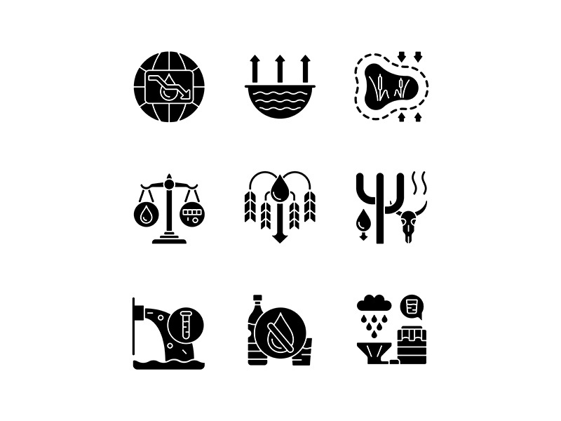 Water resources lacking black glyph icons set on white space