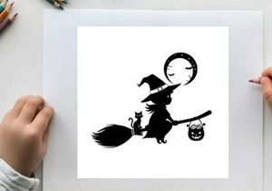 Silhouette of a witch flying on a broomstick with cat and jack o lantern