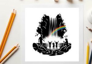 Silhouette of people at a waterfall with a rainbow