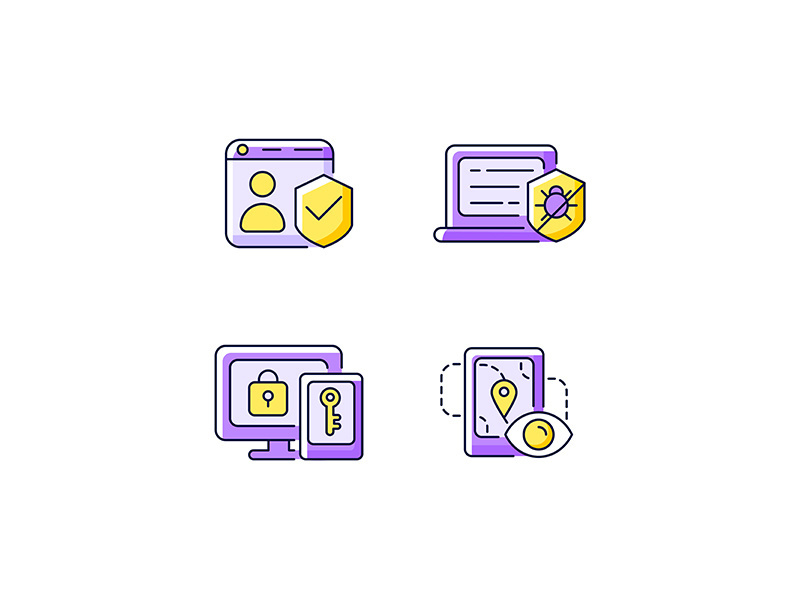 Protecting right to online privacy purple RGB color icons set