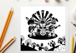 Peaceful silhouette of cartoon bunnies playing music with mushrooms