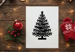 Siluet hitam pohon Natal yang dihiasi dengan ornamen dan bintang di latar belakang putih