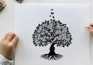 Silhouette of tree with roots and butterflies flying upwards from silhouette