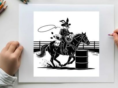 Bunny silhouette riding a horse around a barrel racing silhouette