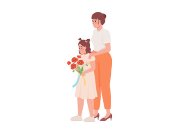 Sad girl holding bouquet with mother semi flat color vector characters preview picture