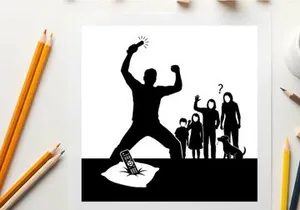 Silhouette of a man smashing tv with family in silhouette