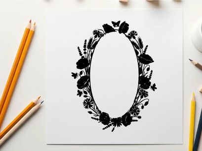 Silhouette of floral oval frame with butterflies and leaves