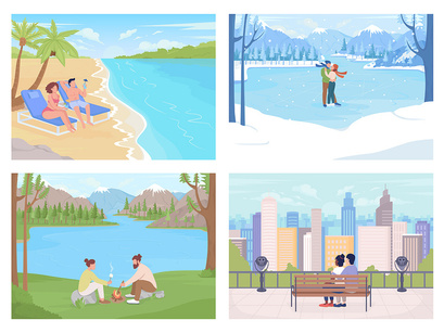 Seasonal vacation spots color vector illustration set