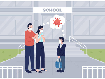 Worried parents see their son off to lessons flat color vector illustration preview picture