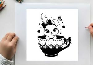 Adorable bunny silhouette in decorative teacup with butterfly