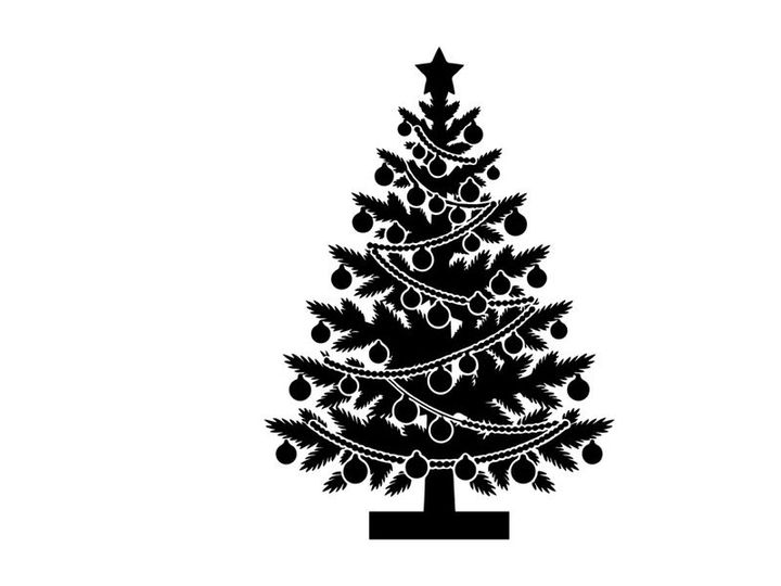 Siluet hitam pohon Natal yang dihiasi dengan ornamen dan bintang di latar belakang putih
