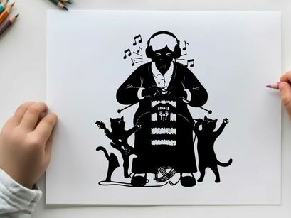 Silhouette of a person with cats and music silhouette