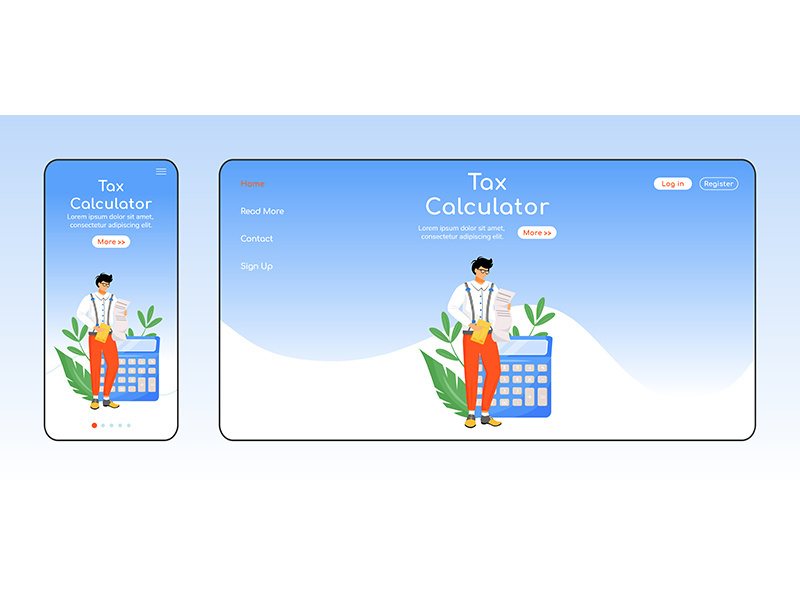 Tax calculator adaptive landing page flat color vector template
