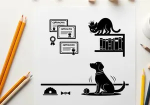 Silhouette of dog and cat with certificates and books