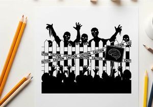 Silhouette of zombies behind a caution tape fence with a crowd