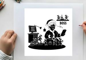 Silhouette of a santa claus like figure as a boss with silhouette city