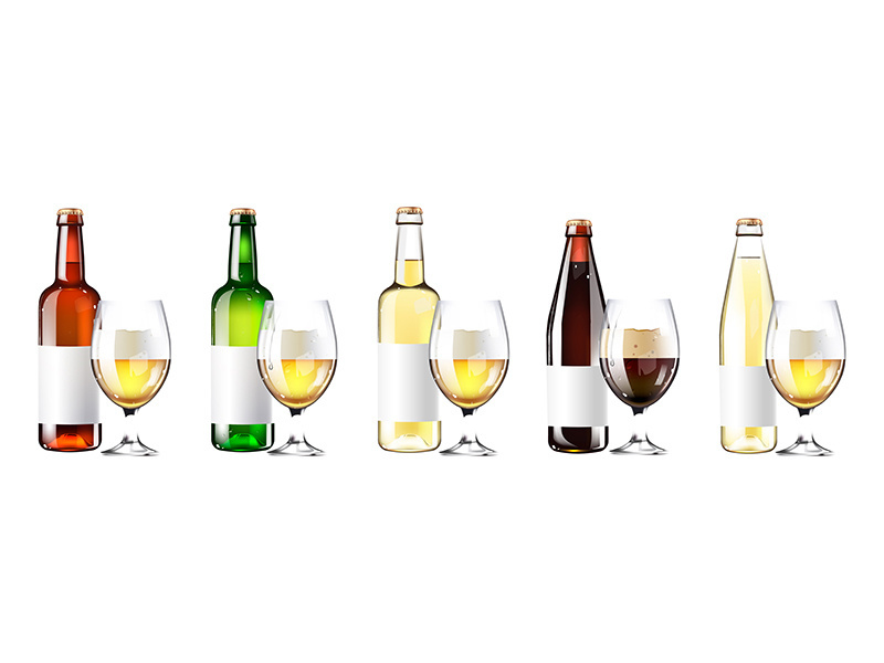 Beer in glass bottles with cups realistic product vector designs set