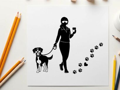 Silhouette of woman walking dog with paw prints and heart