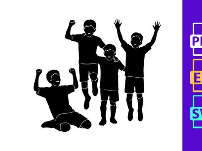 Silhouette of four joyful children celebrating with raised arms in unison
