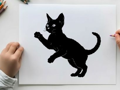 Black cat silhouette with raised paw on white background