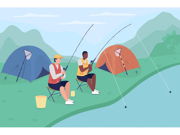 Male tourists fishing flat color vector illustration preview picture