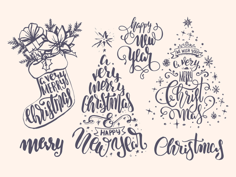 Lettering , typography inside chrismas elements and deer, ball, christmas tree, jingle, new year.