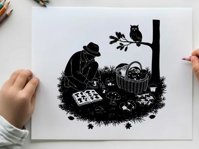Man in silhouette plays chess outdoors under owl's watchful eye at night