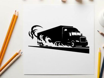 Black silhouette of a semi truck speeding down the road with flames