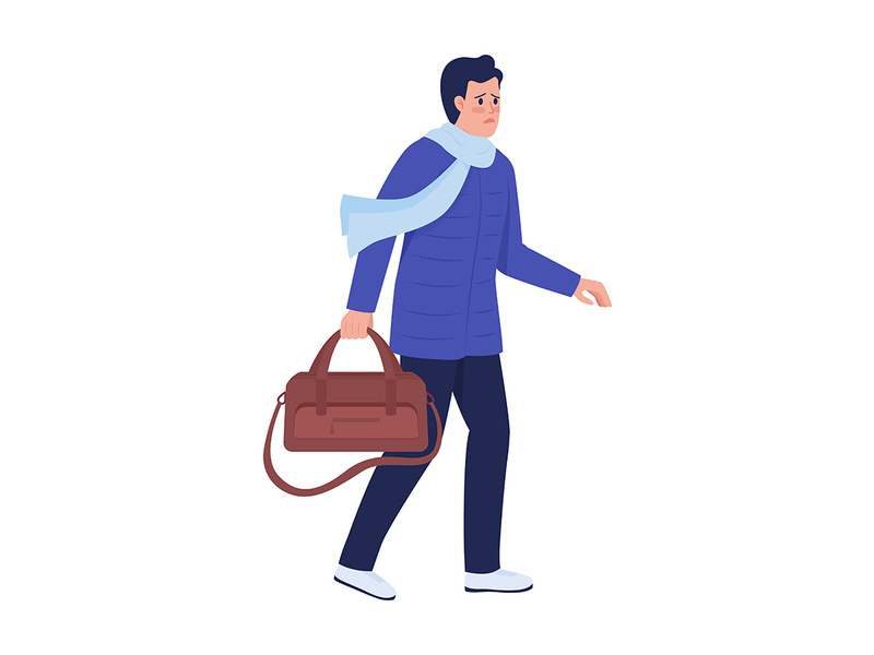 Male refugee leaving home by war and persecution flat color vector character