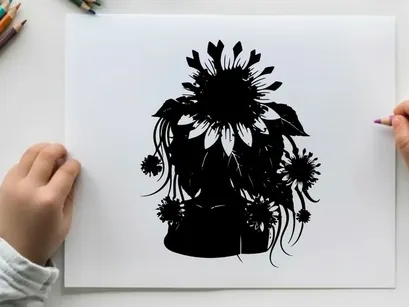 Silhouette of sunflowers in a vase on white background