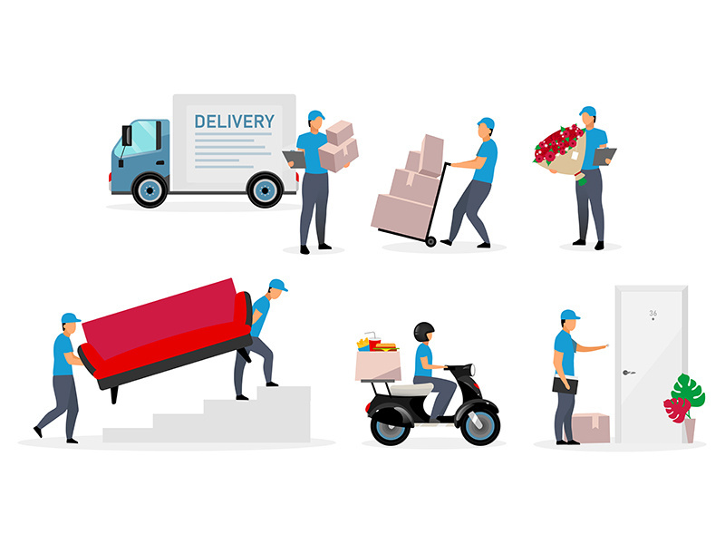 Delivery service flat vector illustrations set