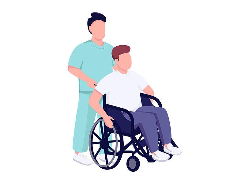 Hospital patient in wheelchair flat color vector faceless character