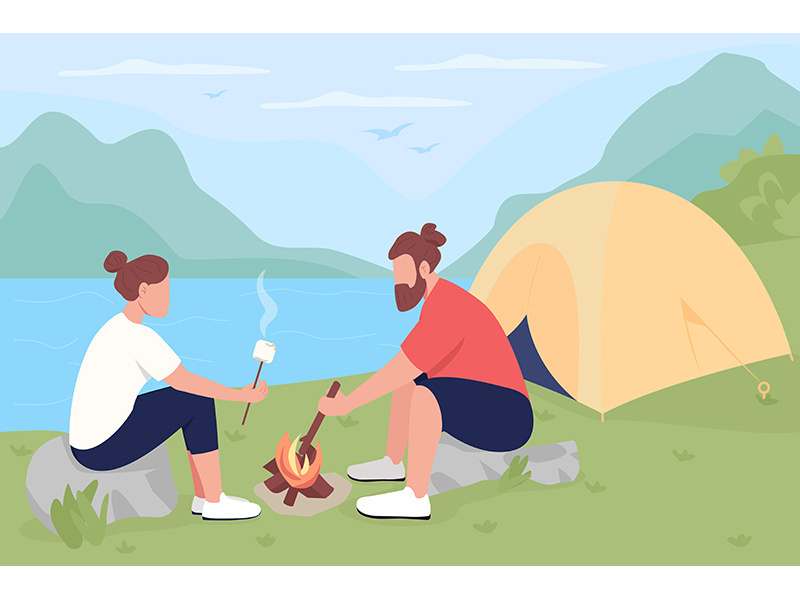 Camping in countryside flat color vector illustration