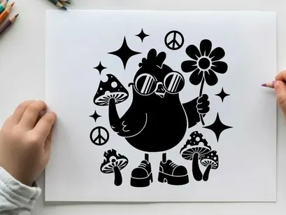 Groovy silhouette of a bird with peace signs and flowers
