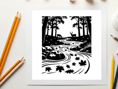 Black and white forest scene with silhouette of deer by a stream